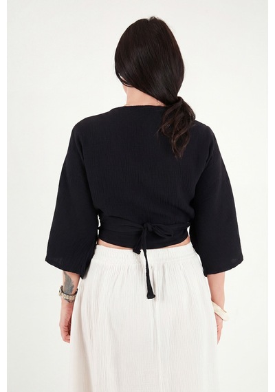 Lela Pamuklu Regular Fit Bağlamalı Crop Kimono Bayan Kimono 668yl2783 Siyah