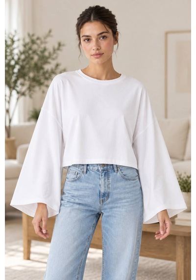 Genel Markalar Kadın Oversize Crop Geniş Kollu Basic Sweatshirt Beyaz