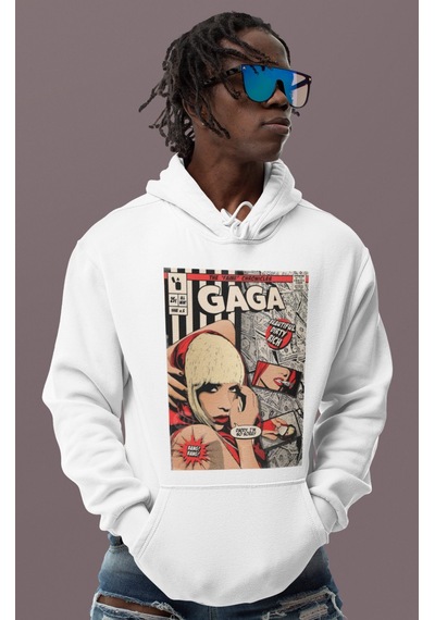 Sevbano Lady Gaga Tasarım Baskılı Unisex Oversize Şarkıcı Hoodie beyaz