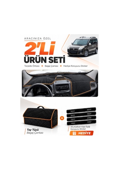 Fıat Doblo 2013-2015 Kapaklı Uyumlu Torpido Örtüsü + Tay Tüyü Çanta + Sticker - Siyah Kahverengi