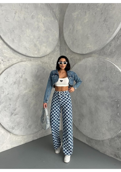 Kare Desenli Wide-leg Pantolon Mavi