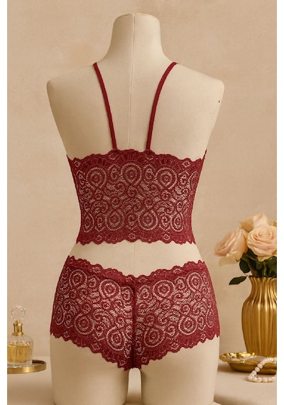 Ang Butik Kadın Bordo Dantel Bralet Şort Takımı Asil Ve Sofistike İç Giyim