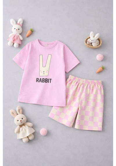 Cg Kids Rabbit Tavşan Baskılı Tshirt & Damalı Şort Pembe Alt Üst Takım Süper Kalite
