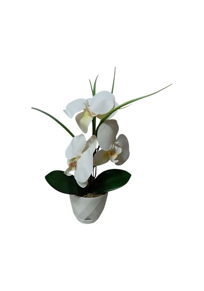 3 Kandilli Beyaz Islak Orkide Elegans Masaüstü Yapay Aranjman 30 Cm
