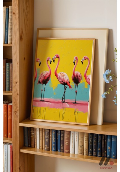 Flamingo Pop Art, Ahşap Çerçeveli Duvar Tablosu - Renkli Ev Dekorasyonu