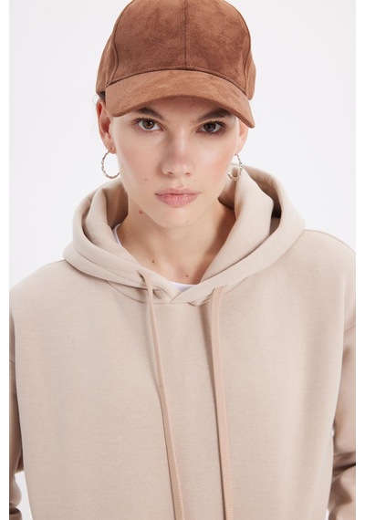 Tudors Kadın Oversize Geniş Kesim Pamuklu Yumuşak Dokulu İçi Polarlı Basic Bej Kapüşonlu Sweatshirt-42080 Bej
