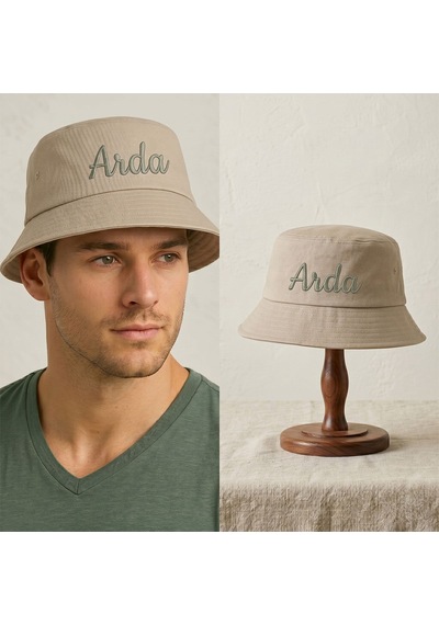 Bk Gift Kişiye Özel İsim Nakışlı Unisex Bucket Şapka Kahverengi Pamuk Gabardin Kumaş Yazlık Şapka