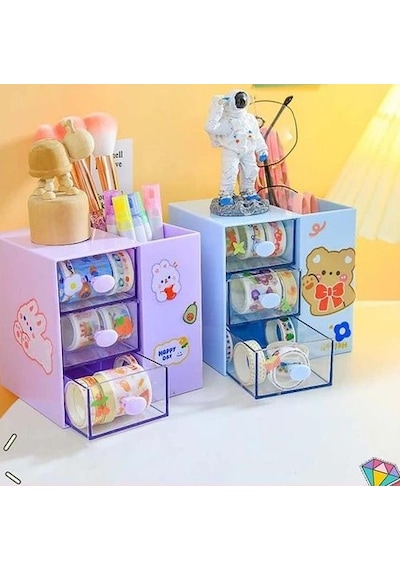 Masaüstü Kalemlik Organizer 7 Bölmeli Kawaii Kapaklı Mini Çekmeceli Kalemlik - Mor Mor