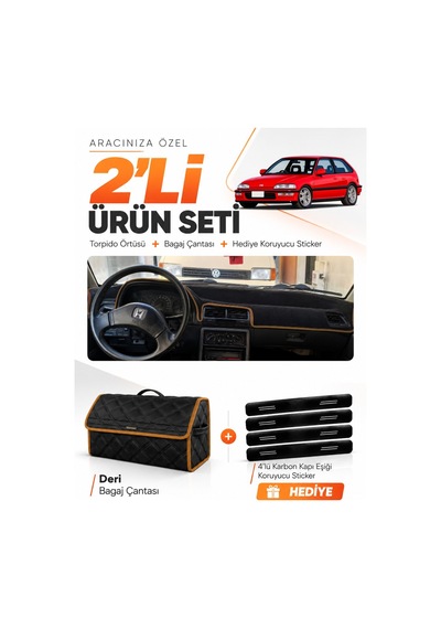 Honda Cıvıc Ef 1988-1991 Uyumlu Torpido Örtüsü + Deri Bagaj Çantası + Sticker - Siyah Kahverengi