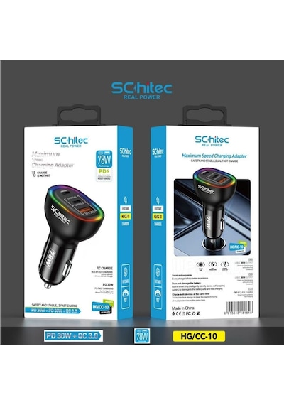 Schitec 78w 3 Portlu Araç Şarj Aleti Çift Type-c Pd 30w + Usb Qc 3.0 Hızlı Şarj Rgb Işıklı Hg/cc-10