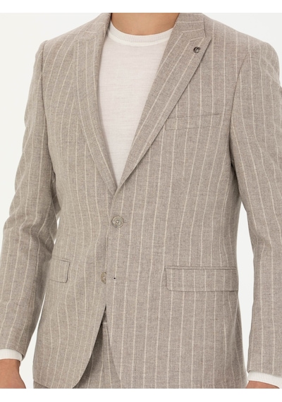 Cacharel Bej Slim Fit Yün Kaşmir Karışımlı Çizgili Klasik Ceket