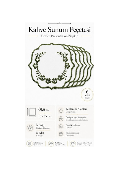 Yeşil Nakış İşlemeli 6'lı Kahve Yanı Sunum Peçetesi Çeyizlik Kahve Altı Sunum Peçetesi Pavlori Gümüş