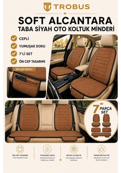 Audi A3 2003-2011 Üniversal Soft Alkantra Çizgili 7 Parça Oto Koltuk Minderi Taba