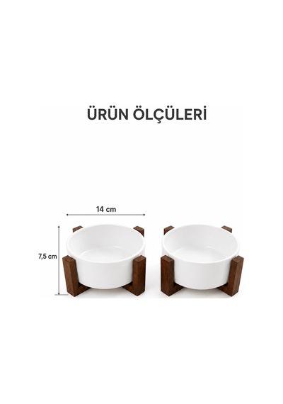 2 Li Ahşap Standlı Seramik Kedi Köpek Mama Ve Su Kabı Seti 14 Cm