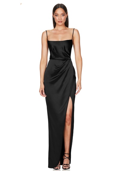 Hanife Glam Couture Hanife Glam Askılı Straplez Asetat Saten Abiye Elbise Siyah