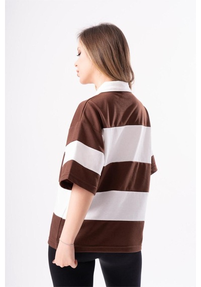 Kadın Polo Yaka Çizgili Oversize T-shirt 001