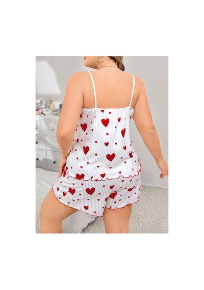 Lily Bianca Nightwear Çilek Desenli Askılı Ve Şortlu Büyük Beden Penye Gecelik Beyaz
