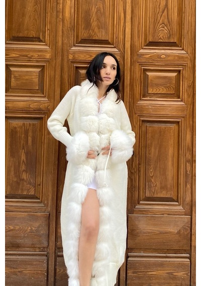 Lava Design Kürklü Triko Hırka & Uzun Triko Hırka & Kadın Triko Hırka Beyaz