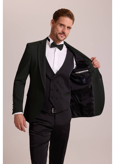 Ysf Erkek Yeşil Slim Fit Şal Yaka Yelekli Damatlık