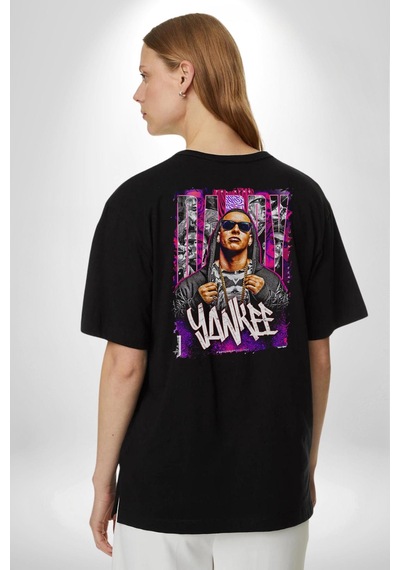 Daddy Yankee Müzik Star Pamuklu Kadın Erkek Oversize Sırt Dijital Baskılı Siyah T-shirt Siyah