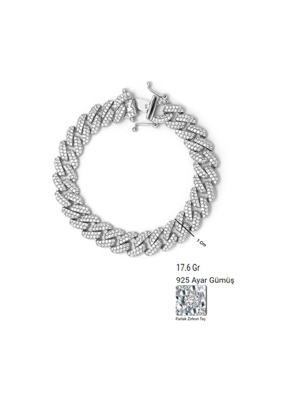 Brezza Lusso Jewelry Gurmet Zincir Model Pırlanta Işıltılı İthal Kadın Gümüş Bileklik 17 Cm