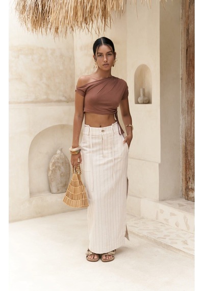 Mai Collection Mai Studios Co. Arya Vizon Çizgili Bej Etek Vizon