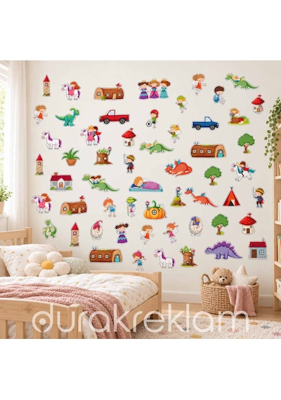 Masal Dünyası Çocuk Odası Duvar Sticker Seti Prenses, Unicorn Ve Ejderha Figürlü, Kokusuz, Silinebilir Folyo Baskes Çok Renkli