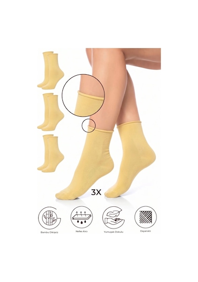 Saysez Bambu Kadın Lastiksiz Sarı Soket Dikişsiz Premium Çorap 3'lü Paket / İz Bırakmaz / Sıkmayan Çorap