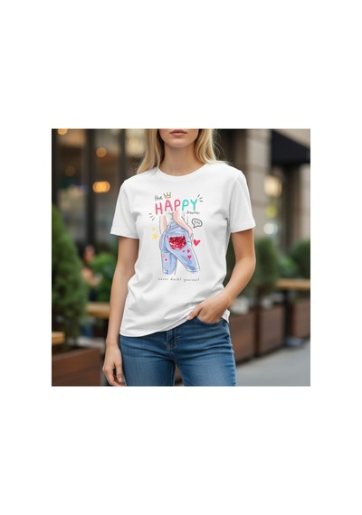 Urbantrendstore Unisex Happy Sade Basic Yazlık Beyaz Tshirt Oversize Fit Rahat Geniş Salaş T-shirt Günlük Tişört
