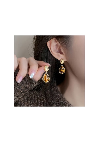 Electra Model 3'lü Set Amber Taş Görünümlü Vintage Gold Küpe Kombini Çok Renkli
