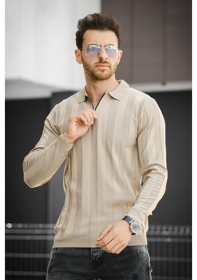 Oksit Vilnius Slim Fit Çizgili Gömlek Yaka Yarım Fermuarlı Erkek Triko 001