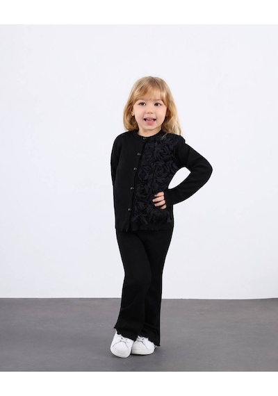 Miniko Kids Kız Çocuk Bayramlık Çiçek Detaylı Kaşkorse Taytlı Takım Siyah