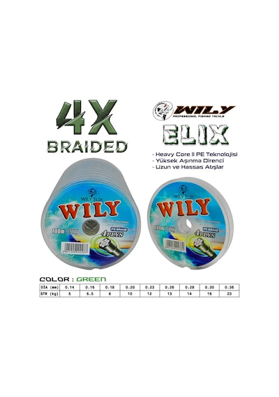 Wily Elix 4 Kat İp Misina Yeşil 100 Mt Devamlı 0,20