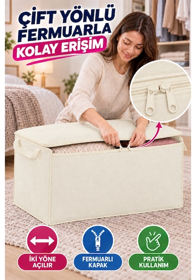 Büyük Hurç 100x50x50 Cm Fermuarlı Kapaklı Taşıma Kulplu Yorgan Battaniye Kıyafet Saklama Kutusu Krem