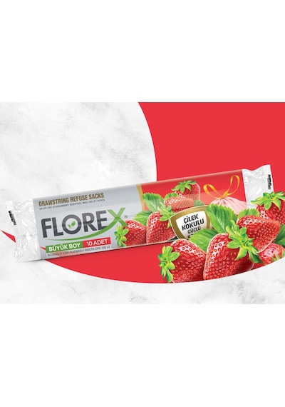 Florex 60 Litre Büzgülü Çilek Kokulu Çöp Torbası Poşeti / 65 x 70 Cm. - 10x25 Rulo / Koli