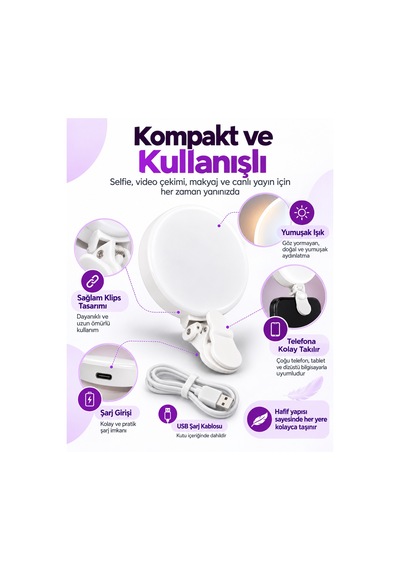 Şarjlı Klipsli Selfie Işığı 3 Işık Modlu Ayarlanabilir Parlaklık Telefon Tablet Laptop Video Çekim Dolgu Işığı