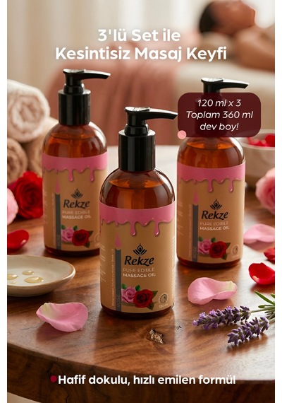 Erotik Masaj Yağı 3 Lü Set Gül Aromalı, Yenilebilir, 120 Ml X 3 Su Bazlı Unisex Vücut Yağı - 305870836