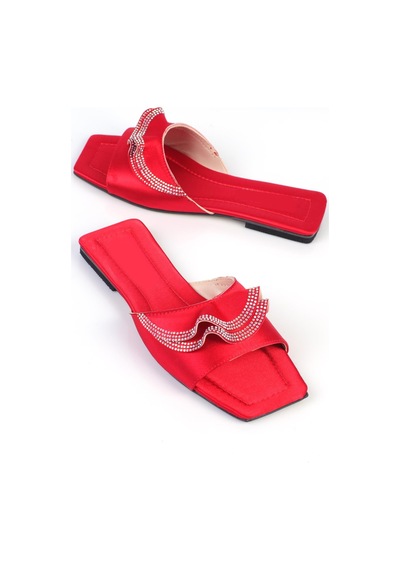Shoetek Kathleen Kadın Terlik Taşlı Kırmızı Saten Kırmızı
