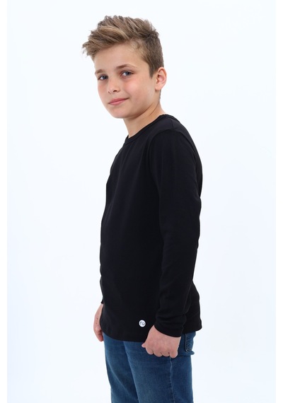 Toontoy Kids Toontoy Erkek Çocuk Pamuklu Bisiklet Yaka Uzun Kollu Baskılı Basic Okul Tişört 22988 Siyah