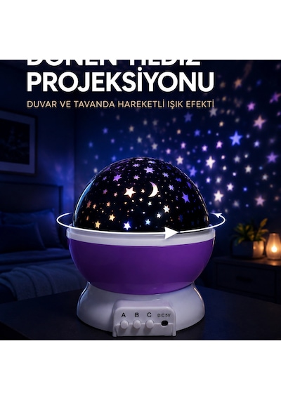 Yıldız Projeksiyon Lambası Döner Başlıklı Renkli Çocuk Odası Gece Işığı