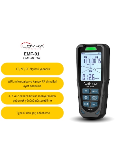 Loyka Emf-01 Profesyonel 3 Eksen Emf & Rf Elektromanyetik Alan Radyasyon Dedektörü Siyah