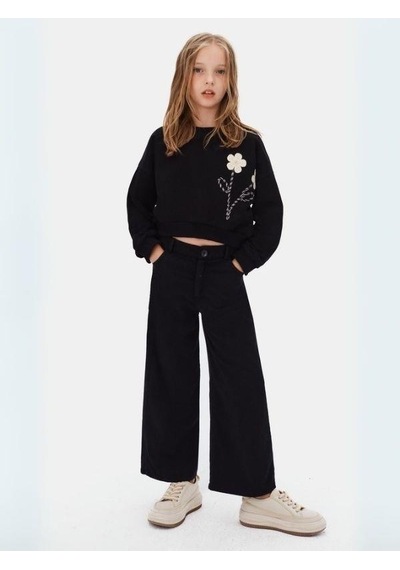 Kız Çocuk Çiçek Desenli Sweatshirt-16127 Siyah