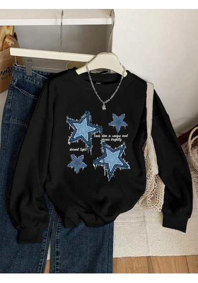Uyguntarz Unisex Yildizlar Baskılı Oversize Sıfır Yaka siyah