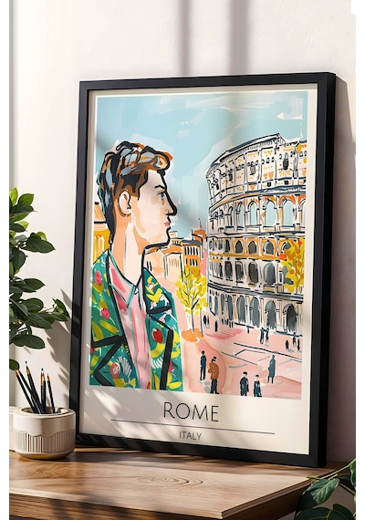 Modern Roma İtalya İllüstrasyon Çerçeveli Tablo Dekoratif Duvar Sanatı Travel Serisi Şık Tasarım Siyah
