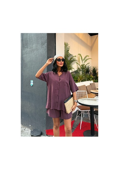 Nido Moda Kadın Cepli Oversize Gömlek Ve Beli Bağcıklı Şort İkili Takım Bordo
