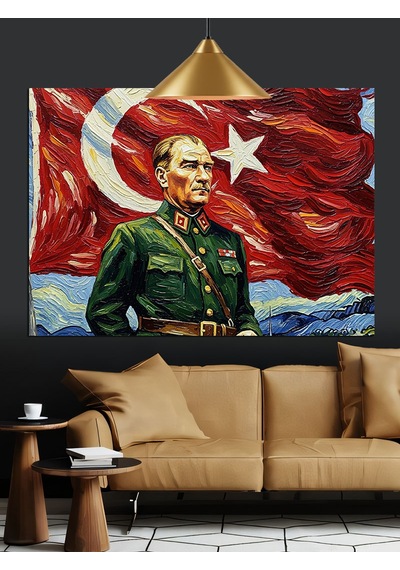 Atatürk Bayrak Portre Dekoratif Kanvas - Mdf Ahşap Tablo