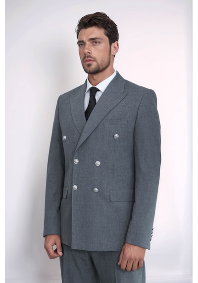 Gümüş Renk Metal Düğmeli Slim Fit Kruvaze Antrasit Erkek Takım Elbise Wessi Gri