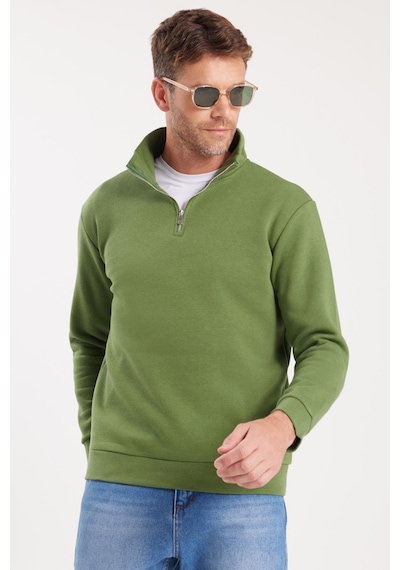 Tudors Unisex Relax Fit Rahat Kesim Pamuklu İçi Polarlı Yarım Fermuarlı Yeşil Dik Yaka Sweatshirt-35157 Yeşil