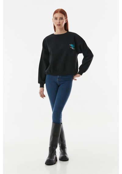 Fullamoda Kelebek Baskılı Oversize Sweatshirt- Siyah 24KGB890189618-Siyah