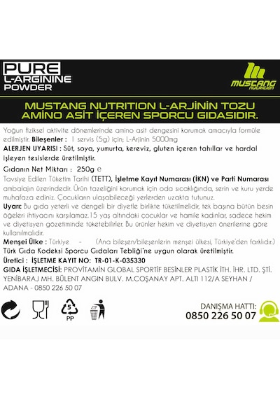 Mustang Nutrition Core+ Pure L-arginine Powder 250 Gr L-arjinin 50 Servis + Shaker + Protein Kahve Hediyeli Aromasız